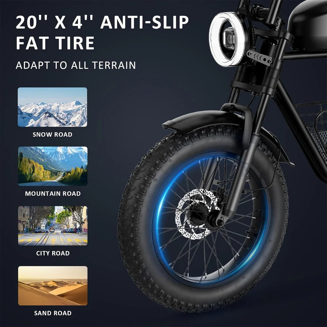 All-Terrain Fat Tire Electric Bike with 1000W Motor and Cargo Basket