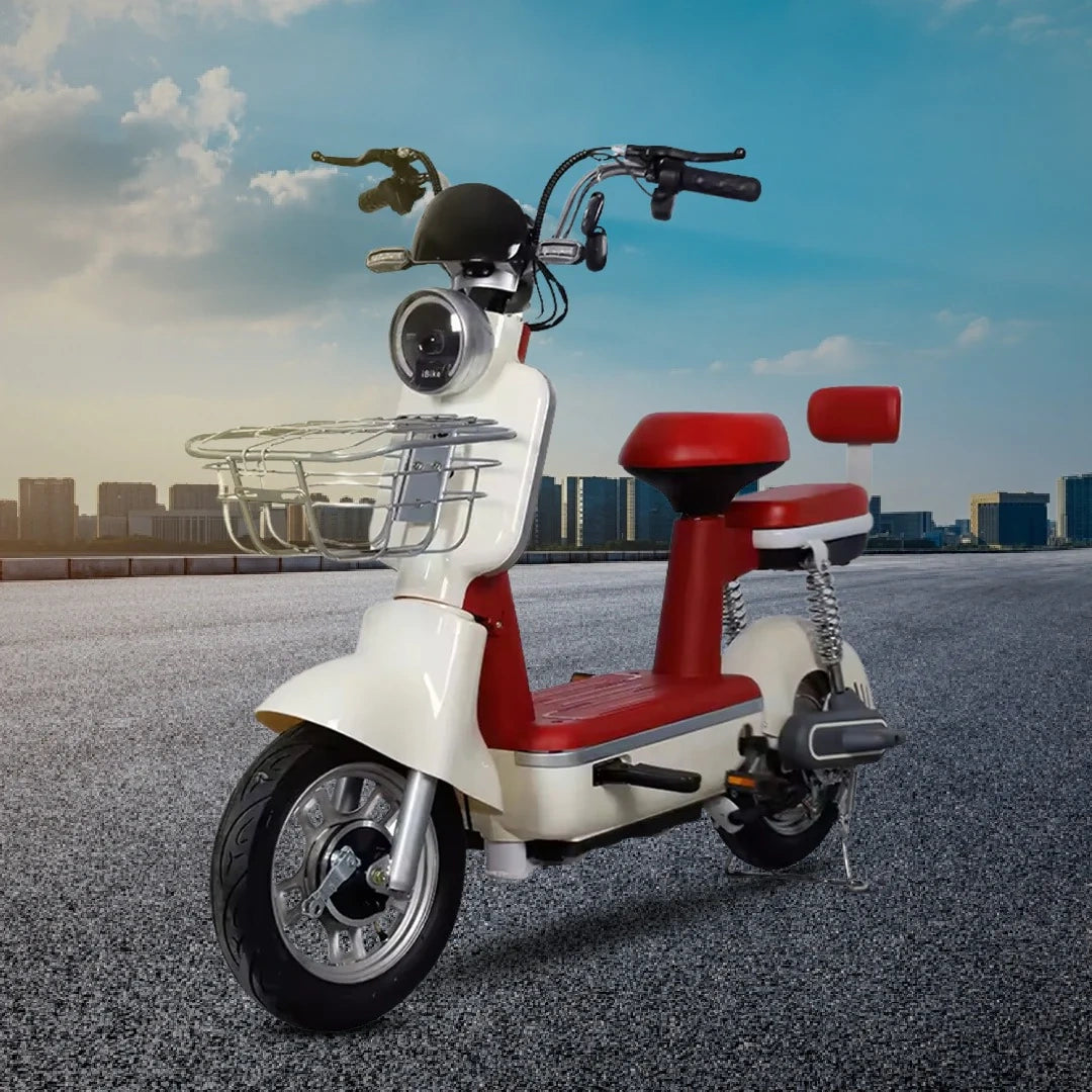 Moped Style Electric Bike with 450W Motor, Dual Seat, and Remote Keys