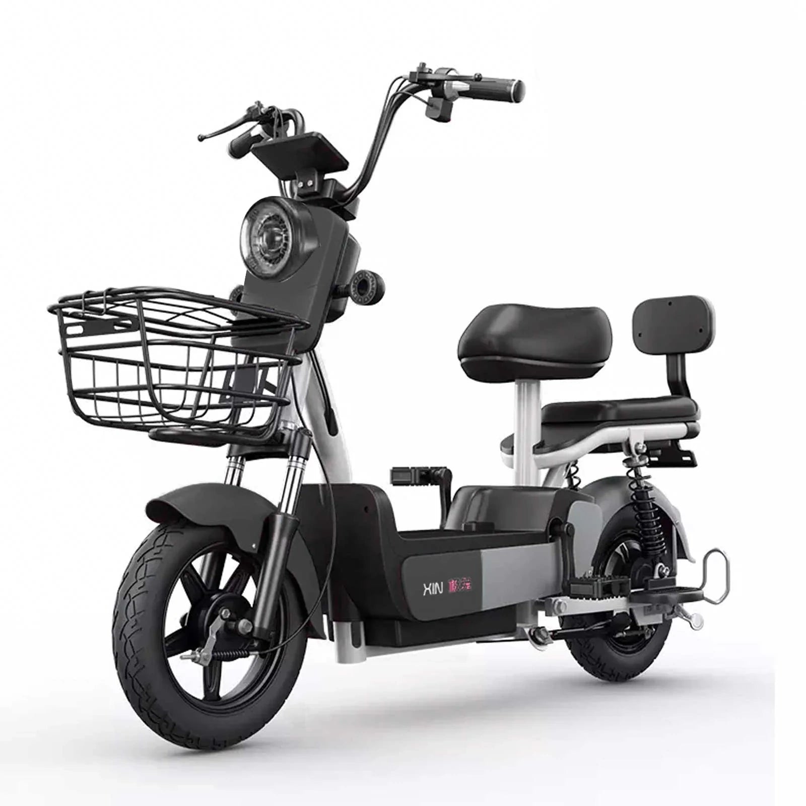 Electric Moped Style Bike with 500W Motor, Dual Seat, and Pedal Assist