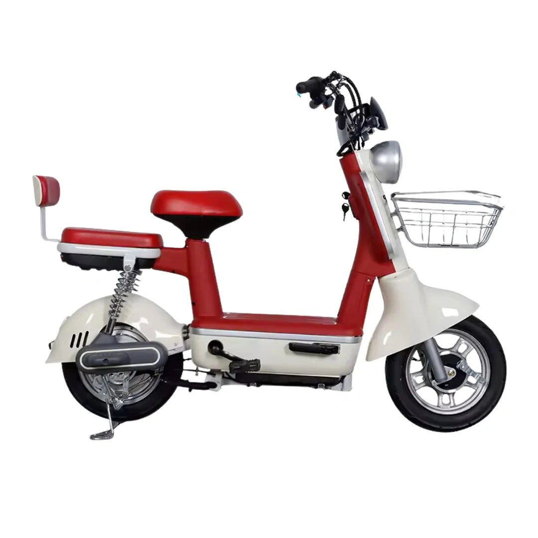 Moped Style Electric Bike with 450W Motor, Dual Seat, and Remote Keys