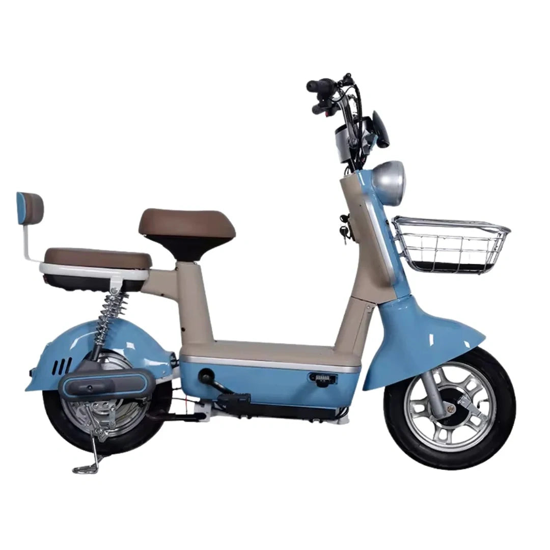 Moped Style Electric Bike with 450W Motor, Dual Seat, and Remote Keys