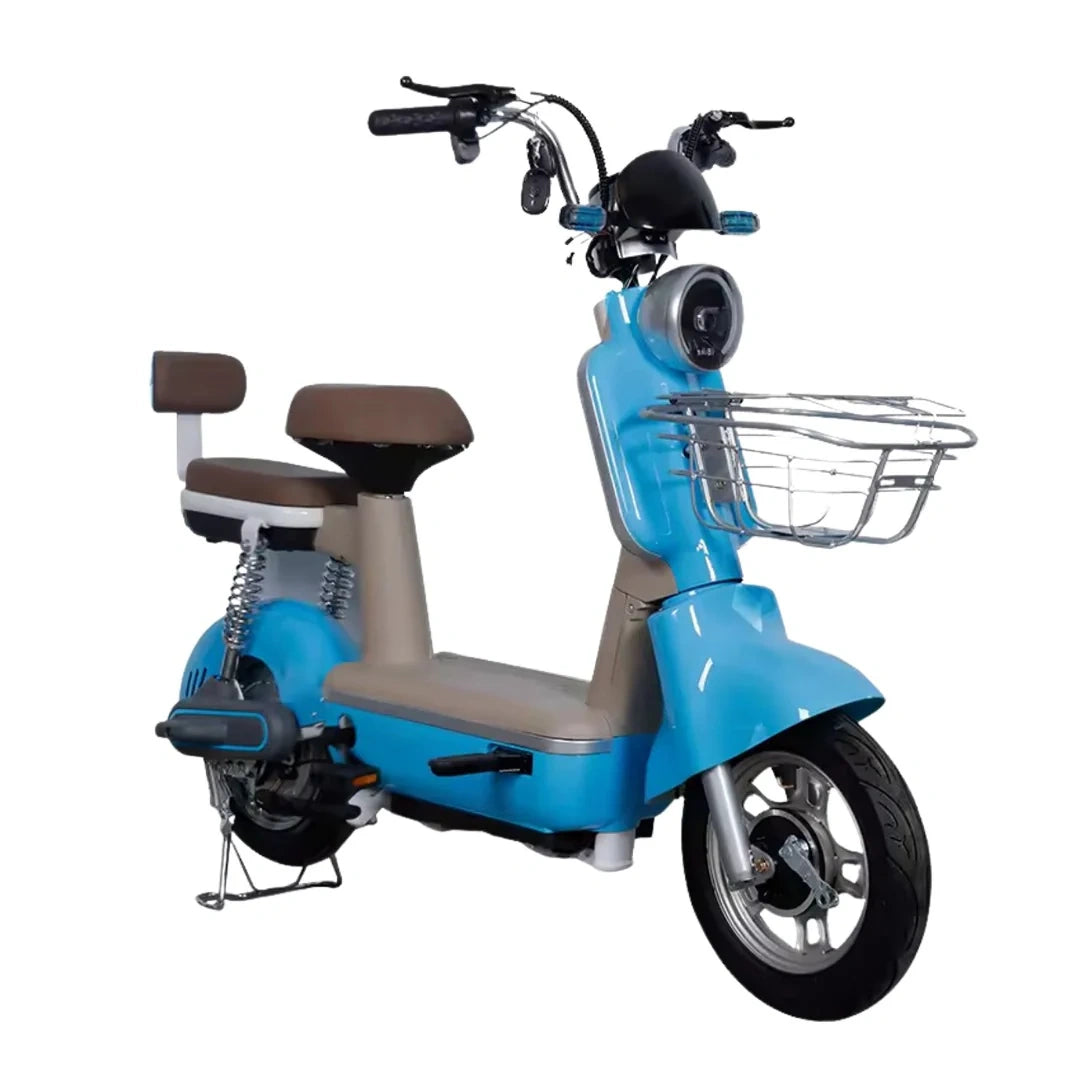 Moped Style Electric Bike with 450W Motor, Dual Seat, and Remote Keys