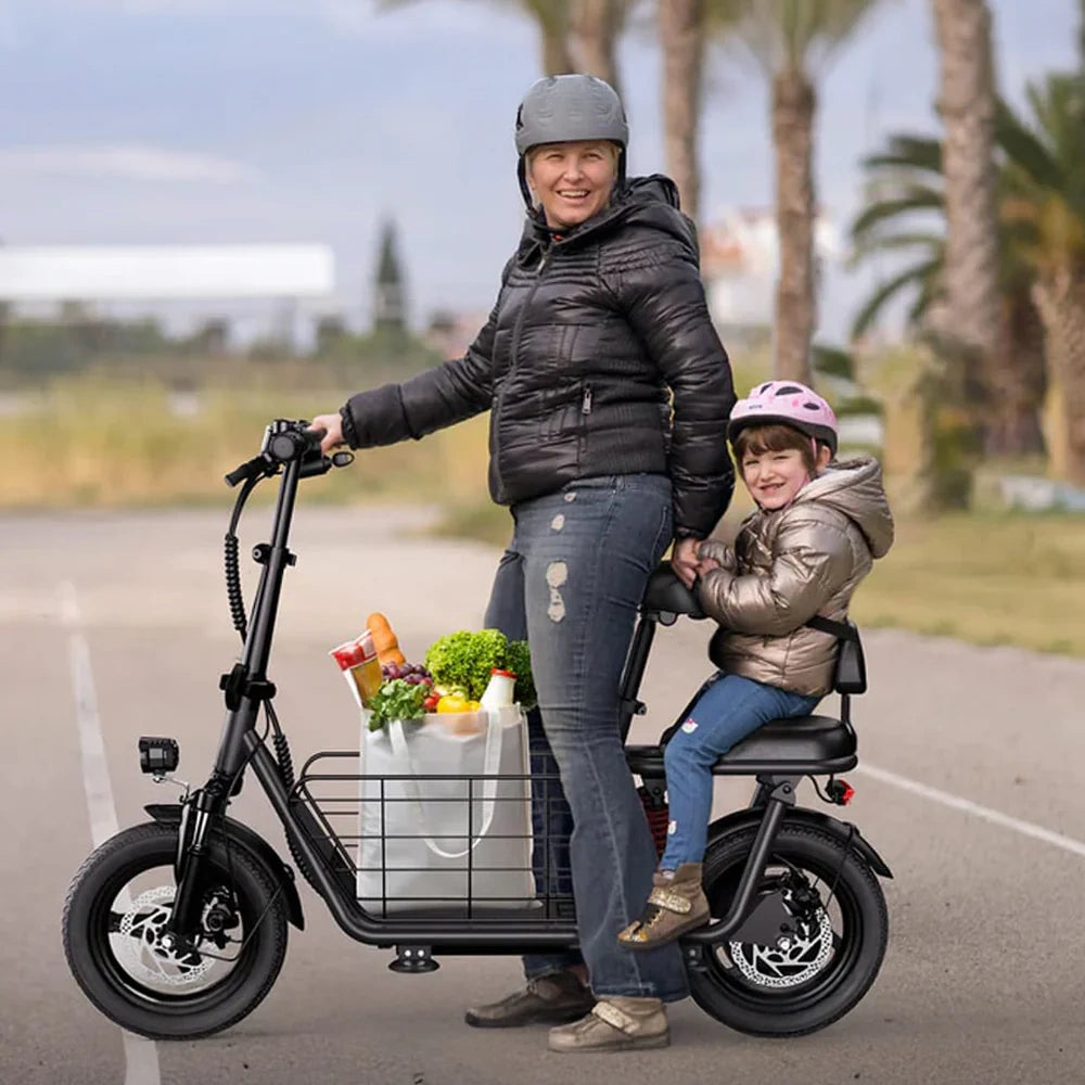 Electric Utility Bike with 850W Peak Motor, Dual Seat, and Basket
