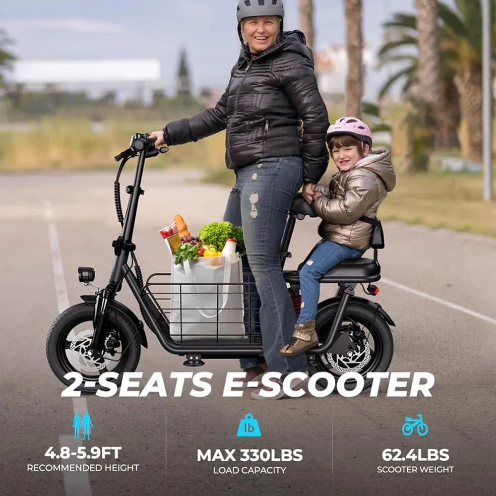 Electric Utility Bike with 850W Peak Motor, Dual Seat, and Basket