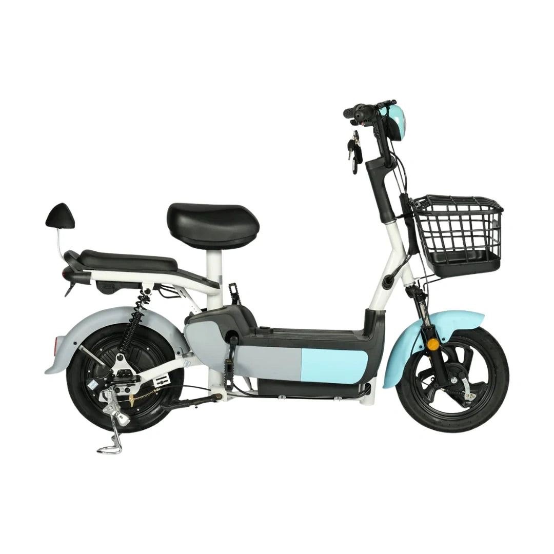 Electric Moped Style Bike with 500W Motor, Dual Seat, and Pedal Assist