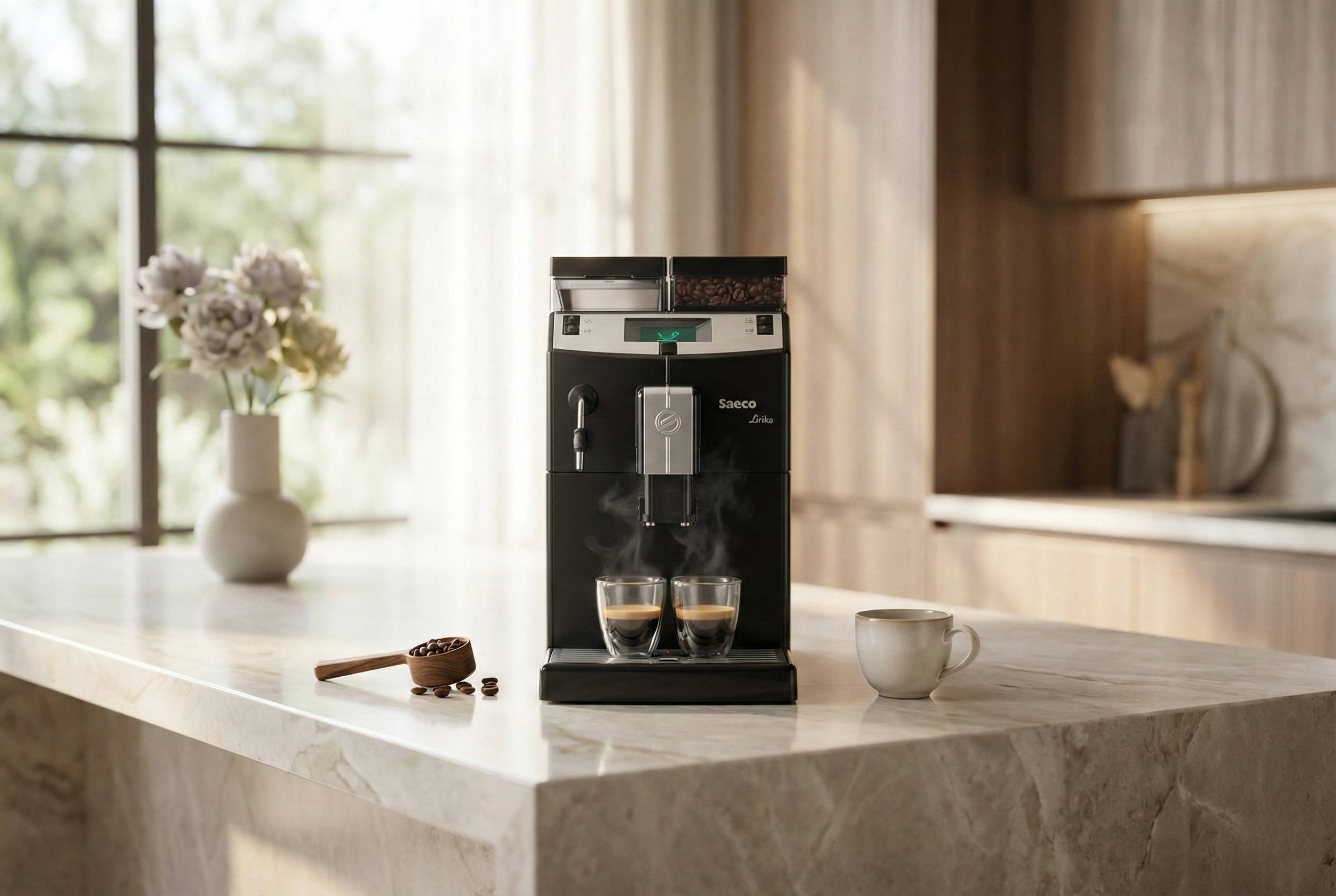 Coffee machine on a kitchen counter with two cups and a steam wand.