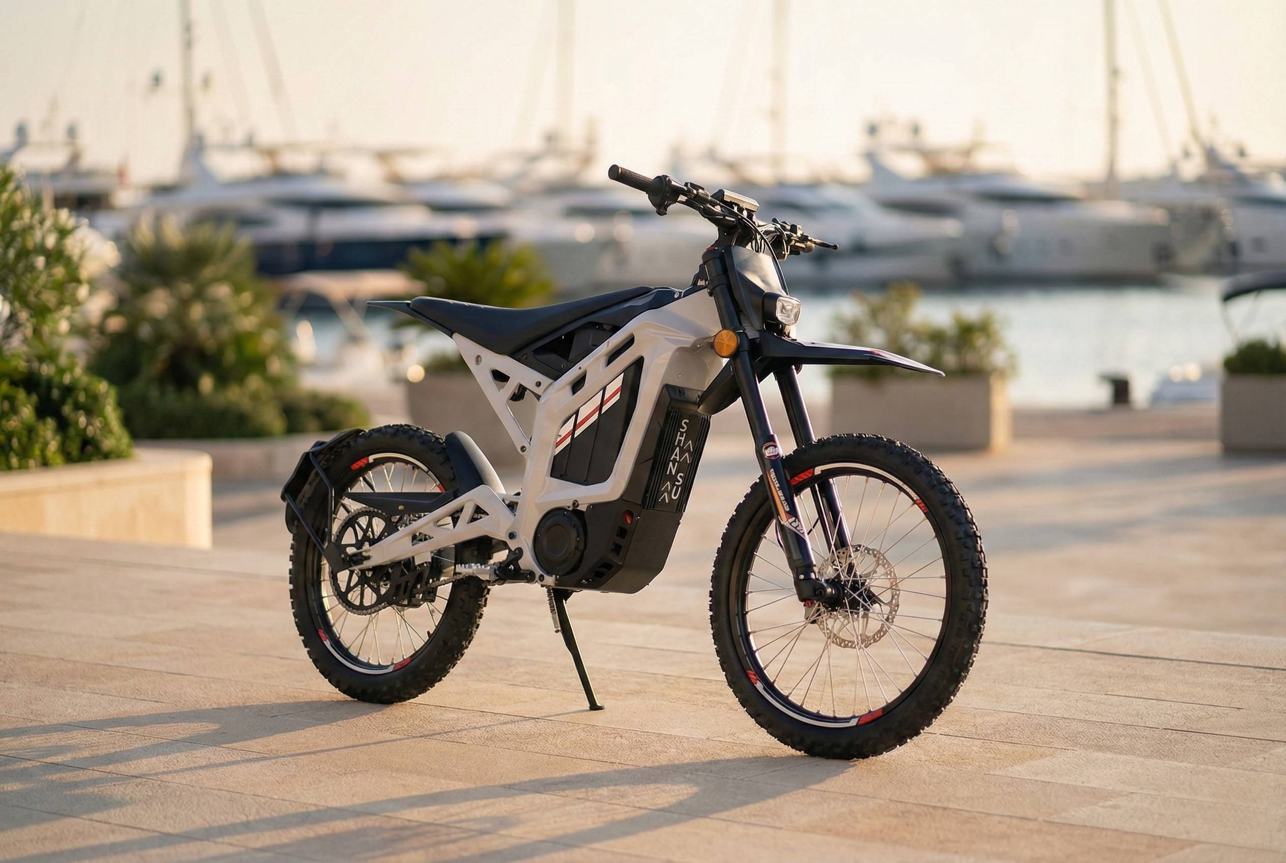 Electric bike on a dock with boats in the background