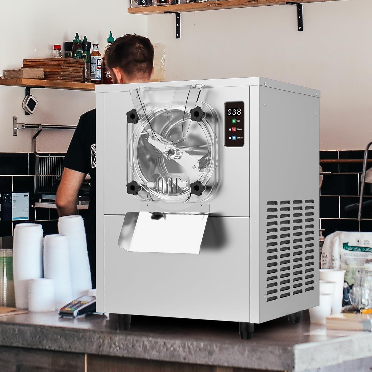 COOLBABY Commercial Desktop Ice Cream Making Machine, Hard Ice Cream Machine, Gelato, Sorbet and Frozen Yogurt Maker, Stainless Steel, 5.3 Gal/H, 1400W - COOLBABY