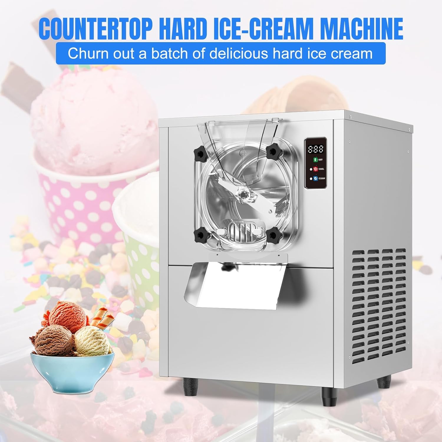 COOLBABY Commercial Desktop Ice Cream Making Machine, Hard Ice Cream Machine, Gelato, Sorbet and Frozen Yogurt Maker, Stainless Steel, 5.3 Gal/H, 1400W - COOLBABY