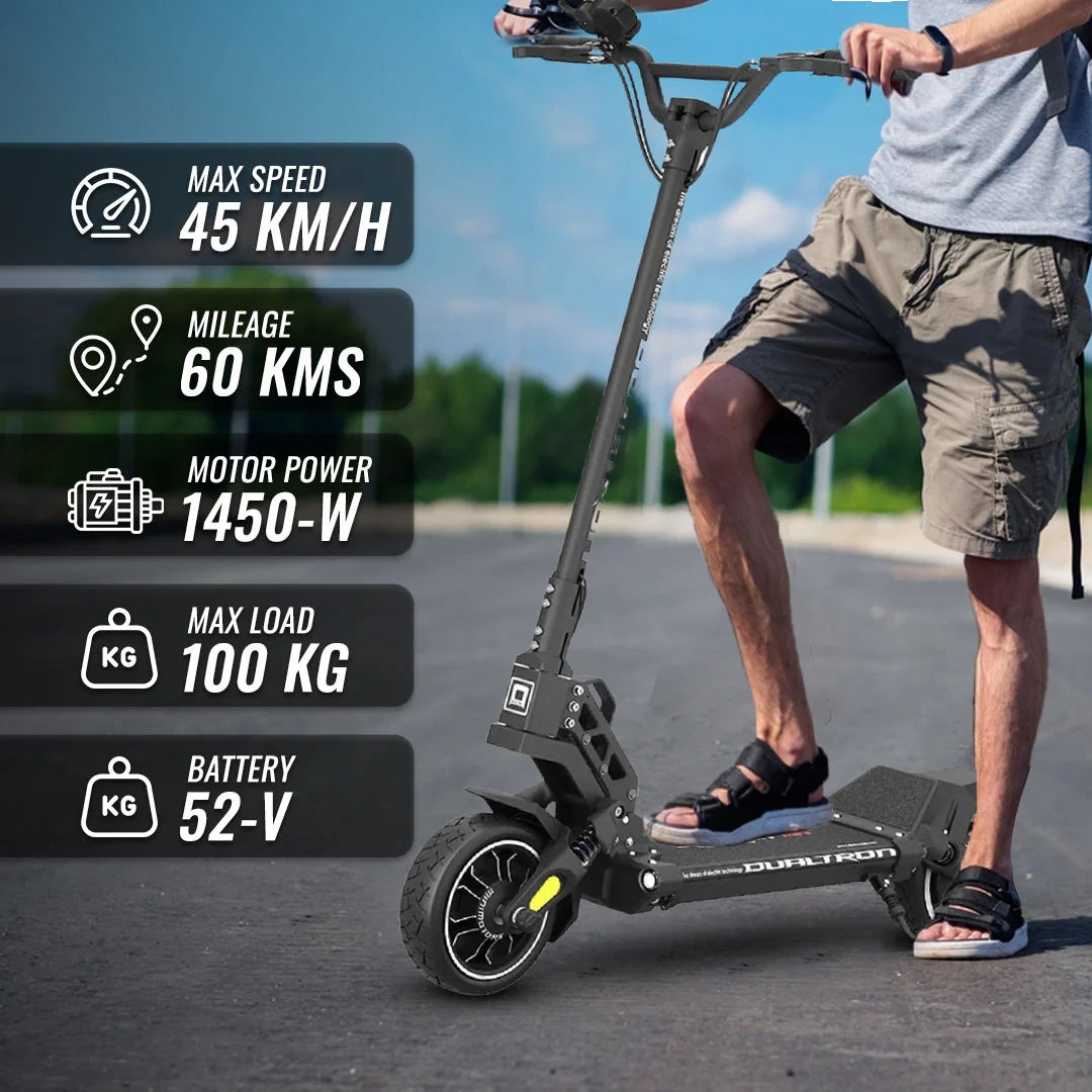 Person riding an electric scooter with specifications displayed on the left.