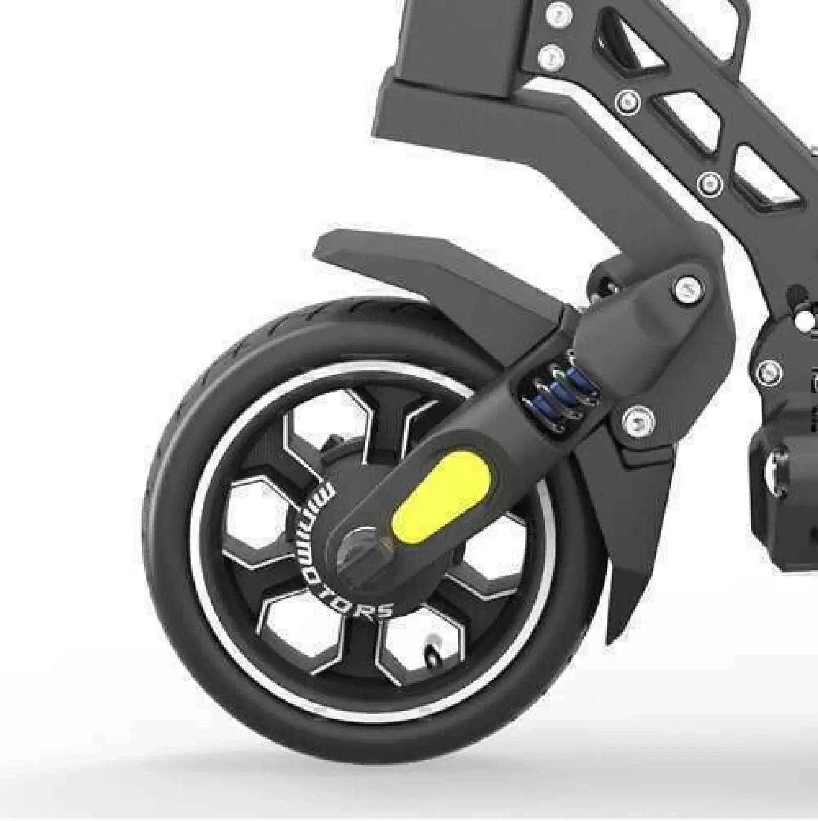 Close-up of a folded scooter with a visible brand logo on a white background