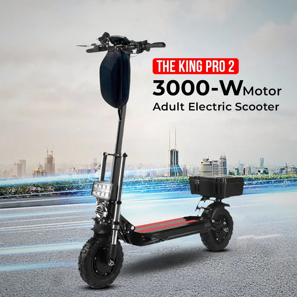 Adult electric scooter with 'The King Pro 2' branding on a cityscape background