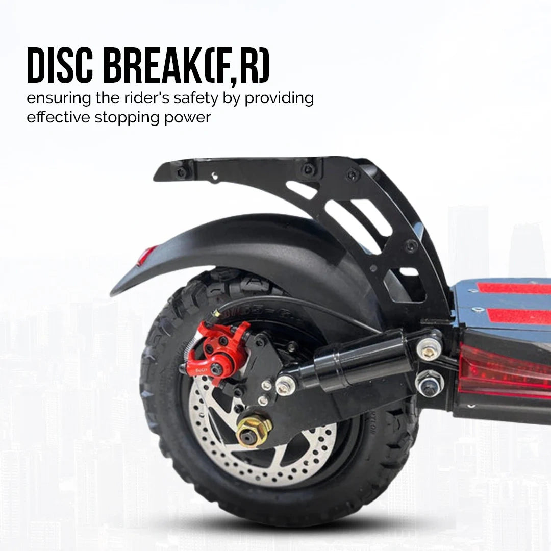 Disc brake system on a scooter with text highlighting safety feature.