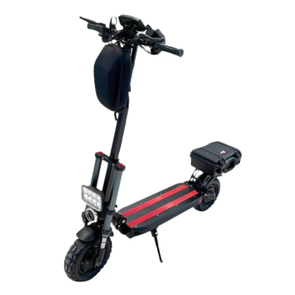 Black electric scooter with red stripe on a white background