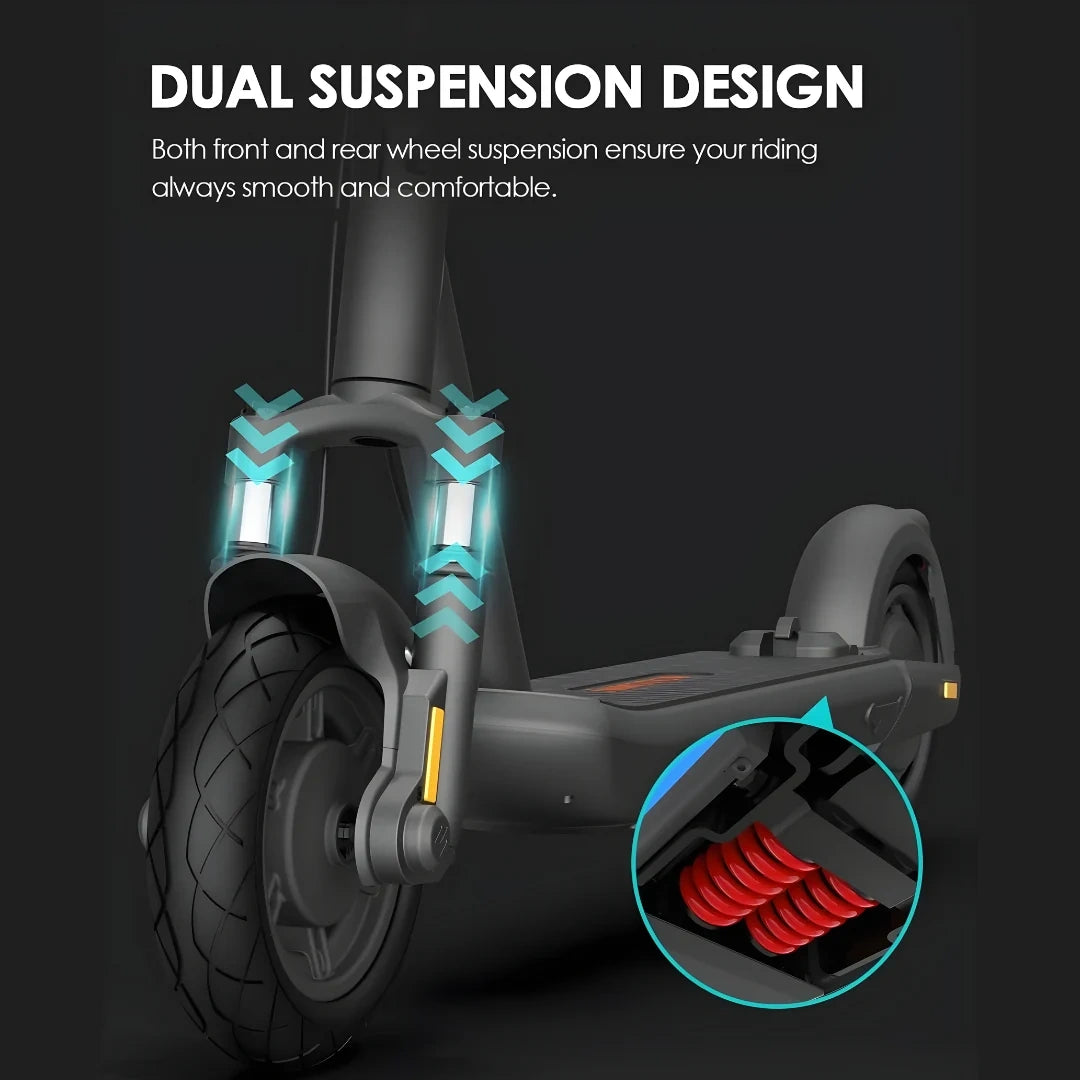E-scooter with dual suspension design highlighted on a dark background