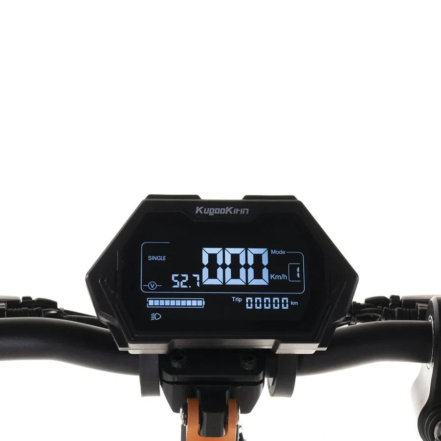 Digital display on a bicycle handlebar with Kugoo branding.