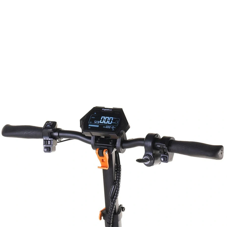 Bicycle handlebar with digital display and throttle control on a white background