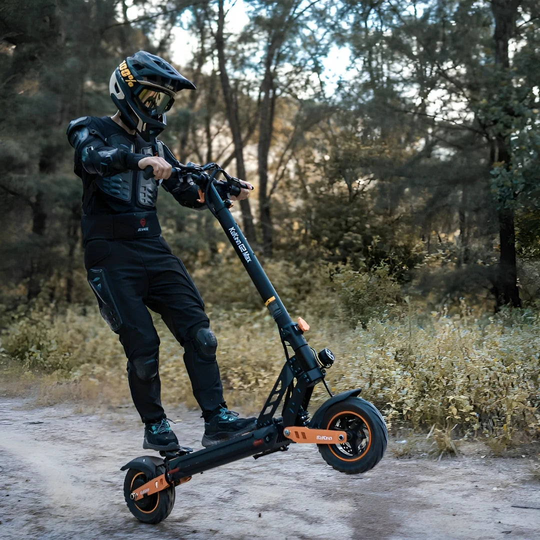 Person riding an electric scooter in a forested area