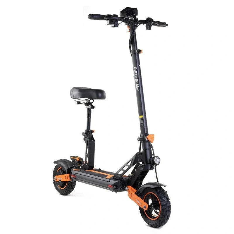 Black and orange electric scooter with a seat on a white background