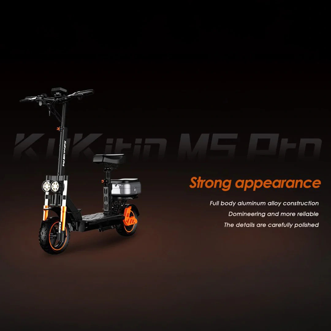 Electric scooter with text highlighting its strong appearance on a dark background