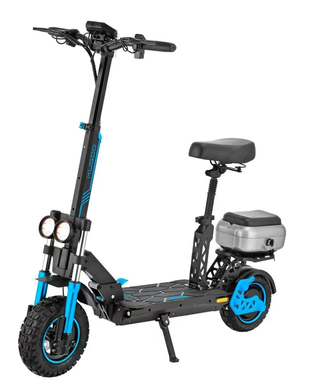 Black electric scooter with blue accents on a white background