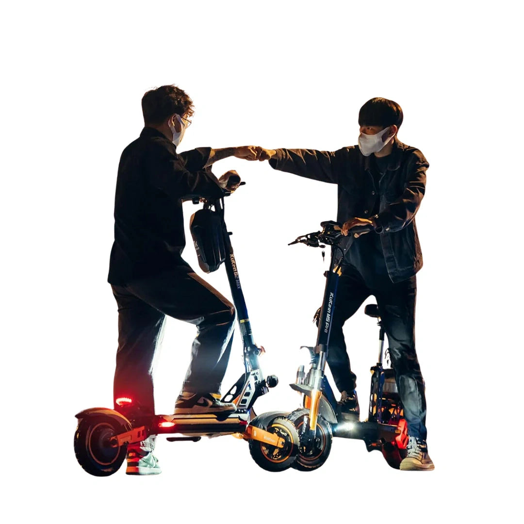 Two people on electric scooters with a handshake gesture against a white background