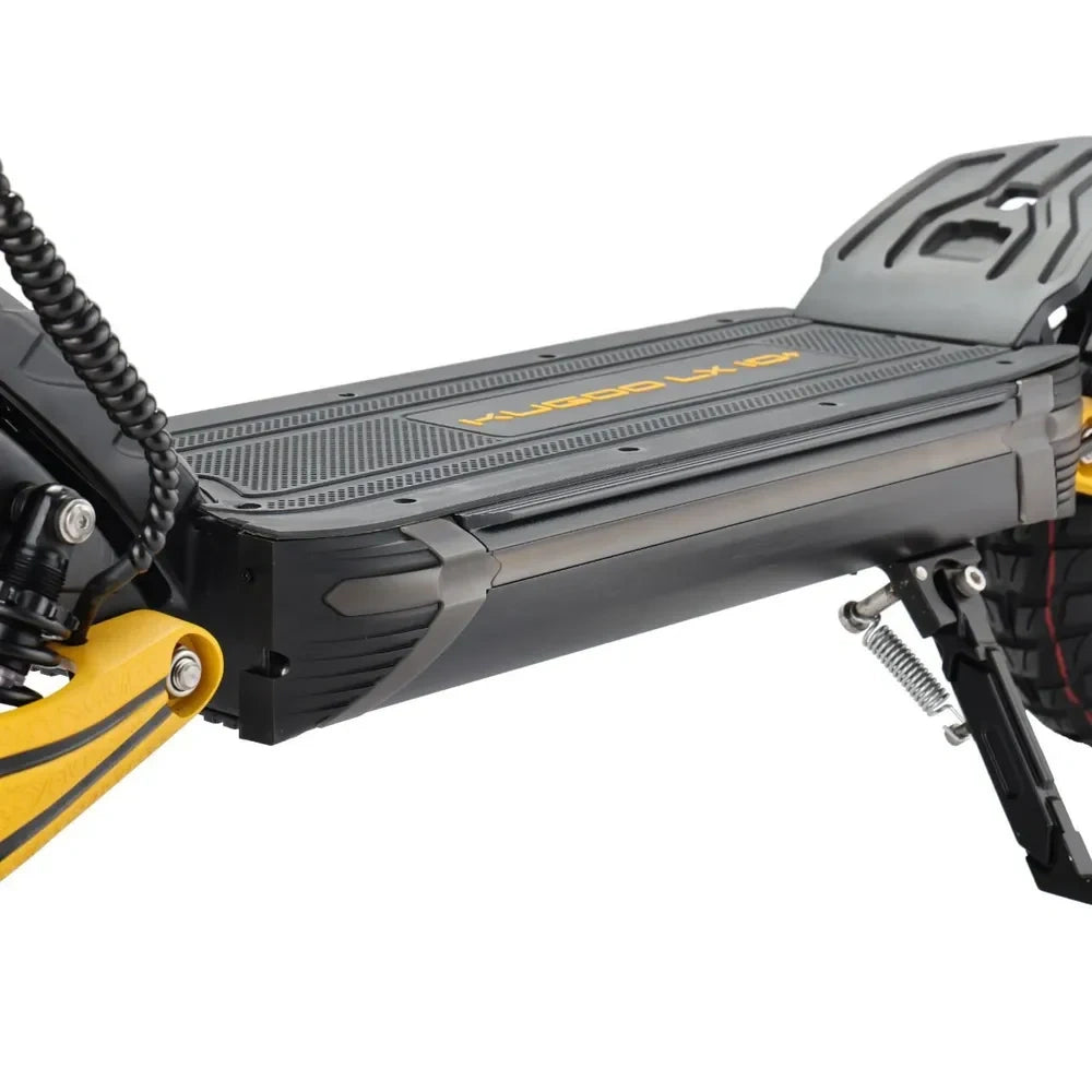 Close-up of a scooter with 'Kugoo' branding on a white background