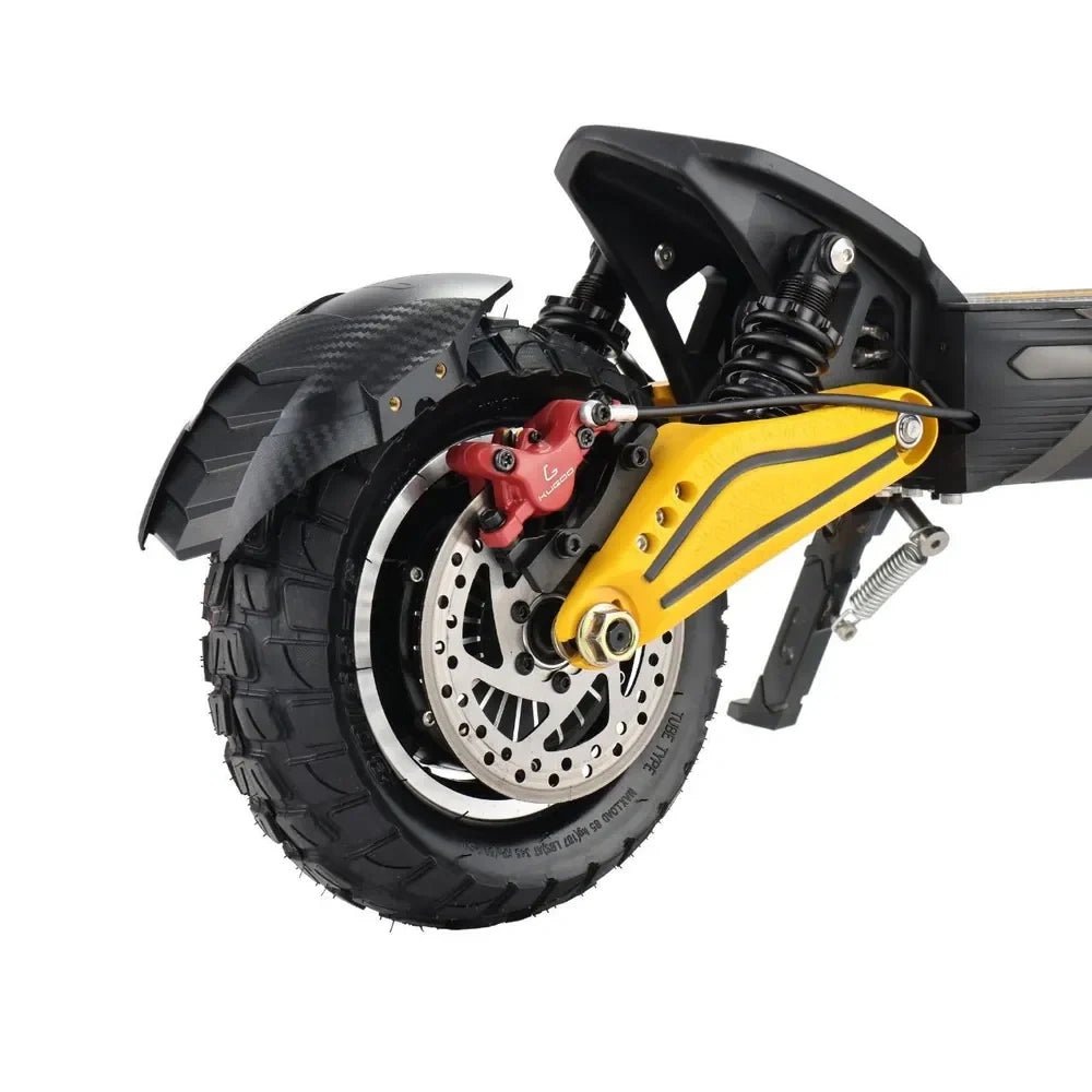 Close-up of a motorcycle wheel with yellow suspension fork on a white background