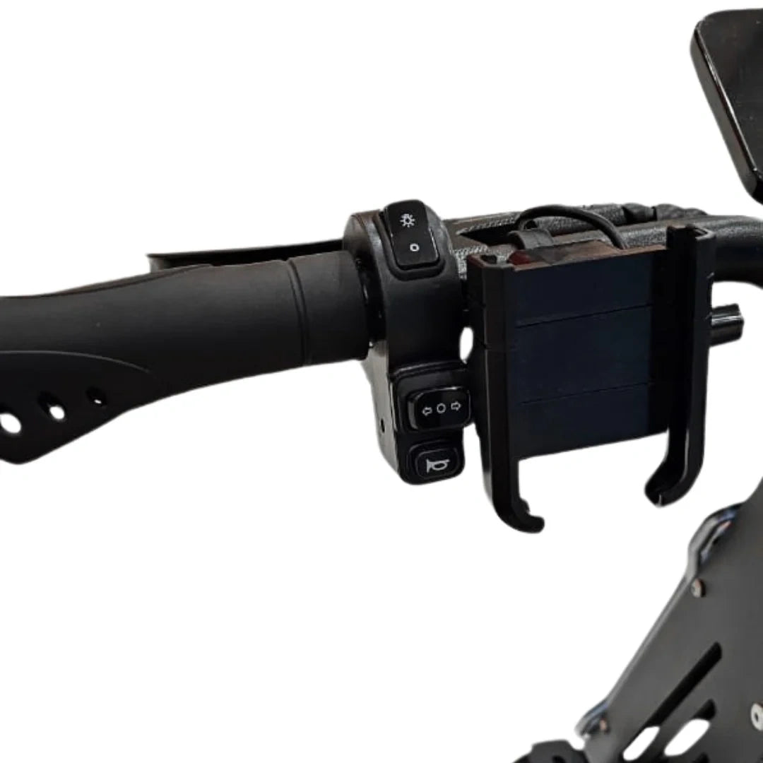 Close-up of a motorcycle handlebar with control buttons and a phone mount on a white background