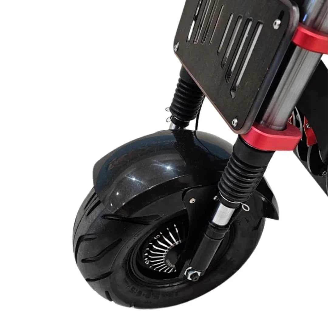 Close-up of a scooter wheel with suspension fork on a white background