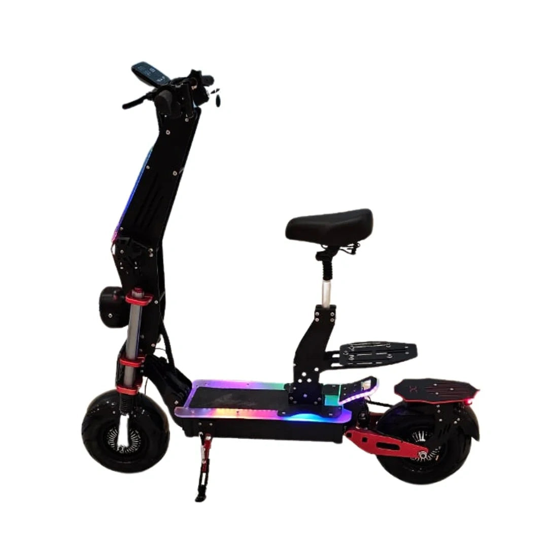 Black electric scooter with colorful deck on a white background