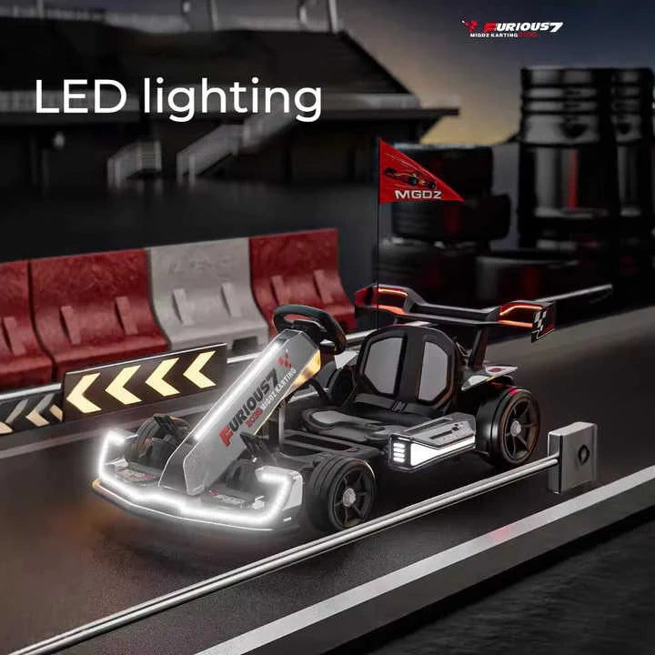 Model car with LED lighting on a track, featuring the brand 'Furious7'.
