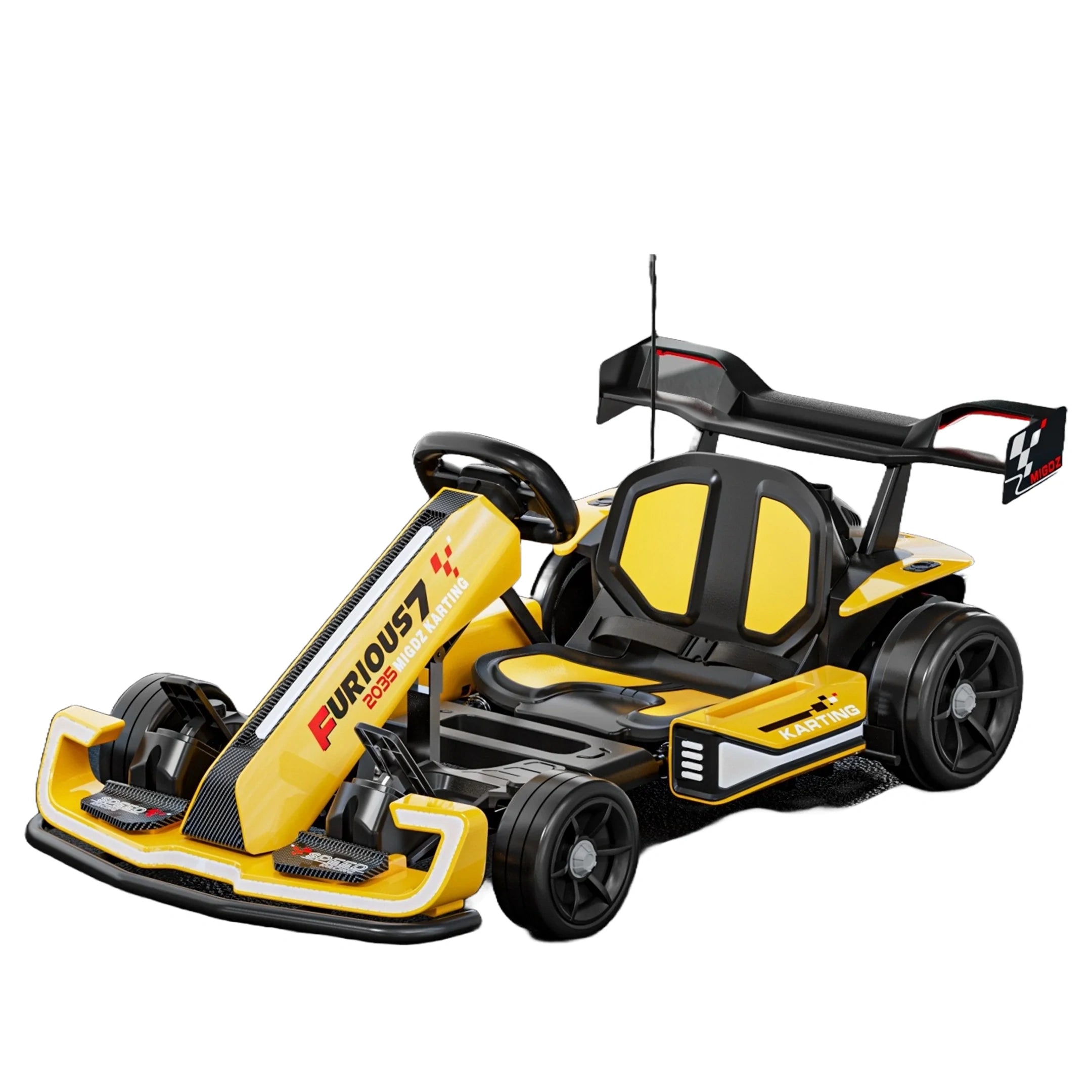 Yellow and black toy go-kart with 'Furious 7' branding on a white background