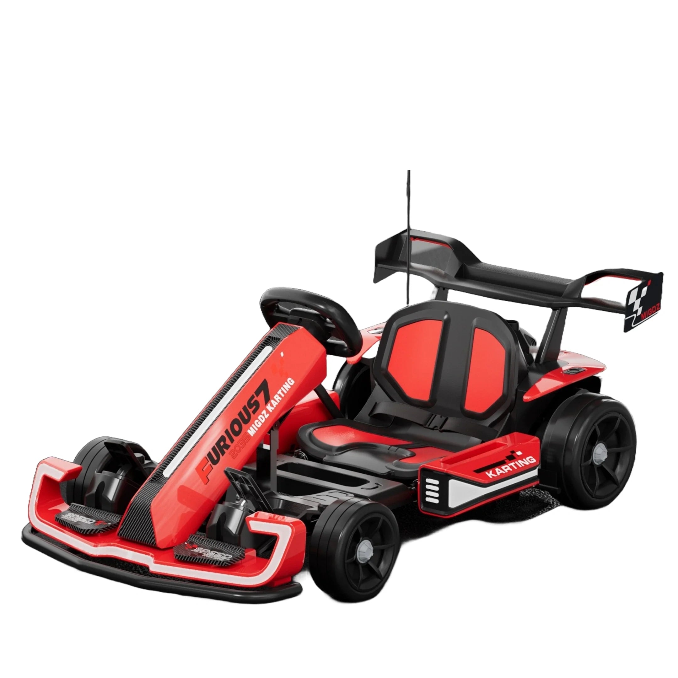 Red and black toy go-kart on a white background