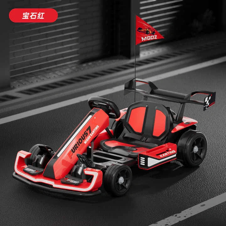 Red toy go-kart with 'MGOZ' branding on a track-like surface