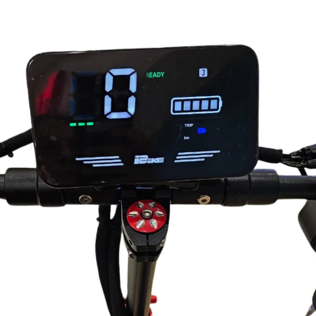 Digital display on a bicycle handlebar with various indicators.
