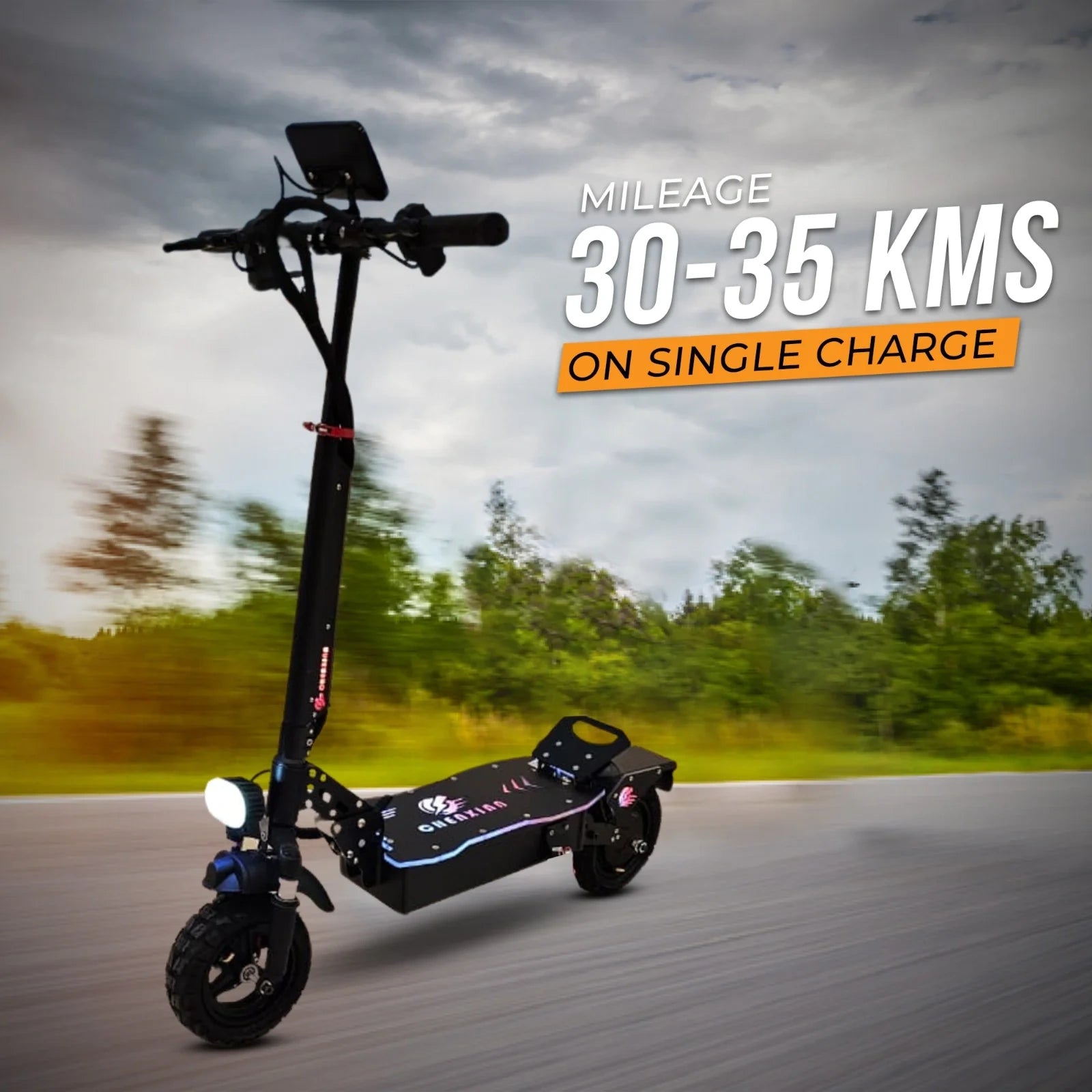 Electric scooter with range information on a blurred background