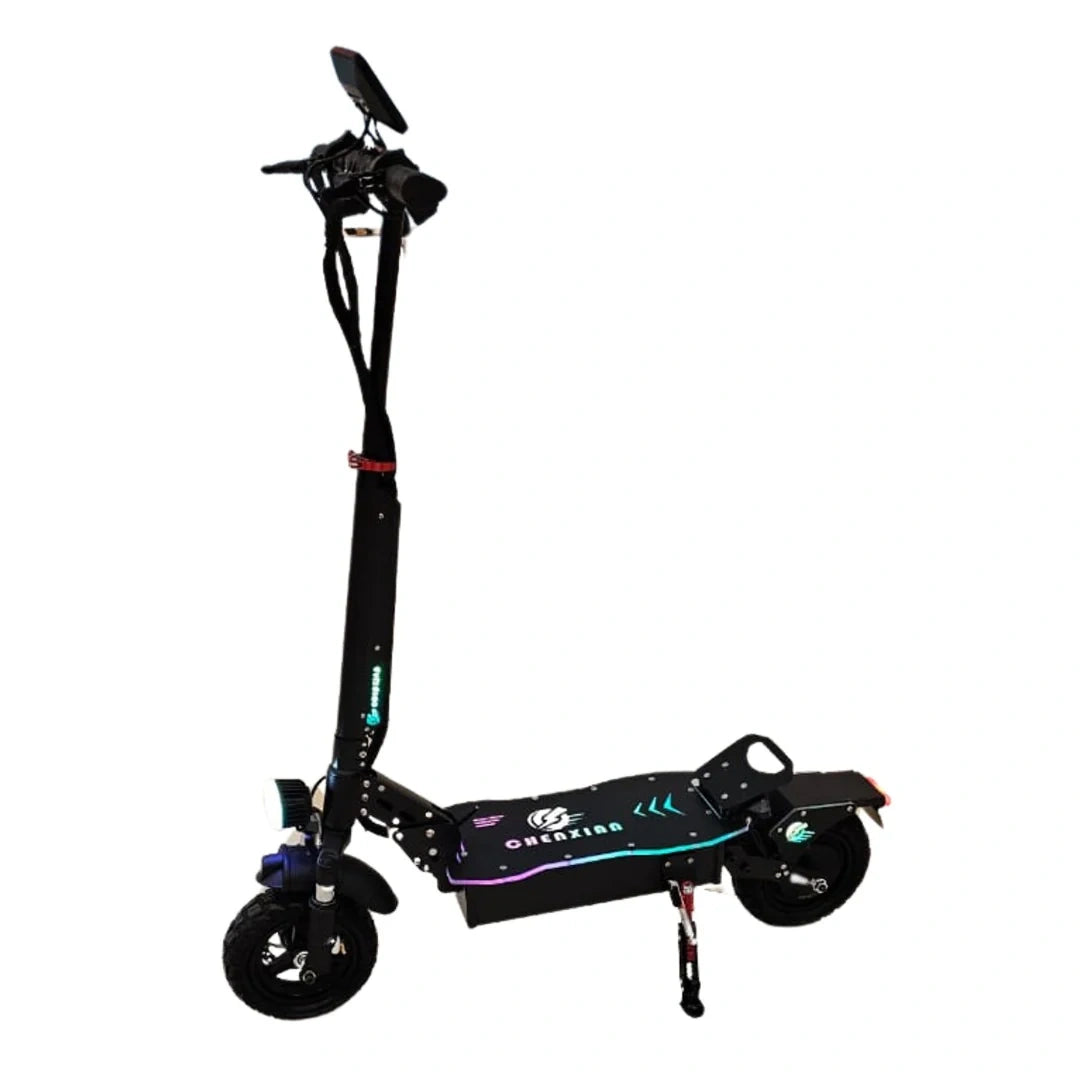 Black electric scooter with colorful accents on a white background
