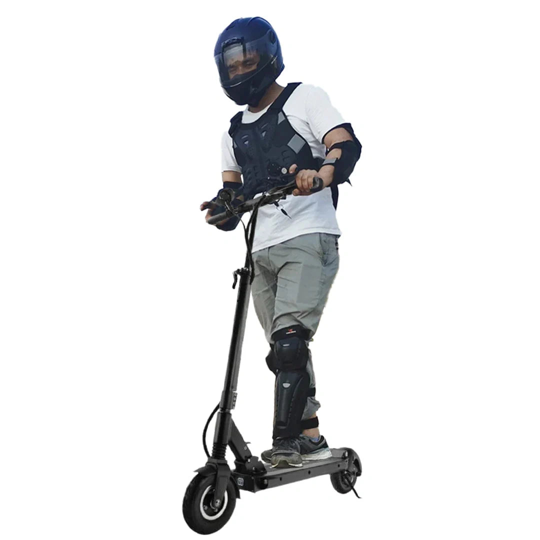 Person riding a scooter with protective gear on a white background