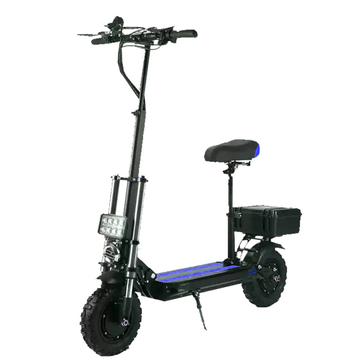 Black electric scooter with a seat on a white background
