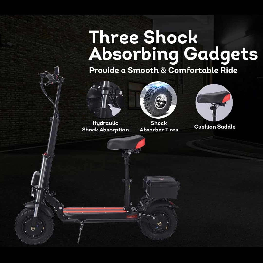 Electric scooter with shock absorbing features highlighted on a dark background
