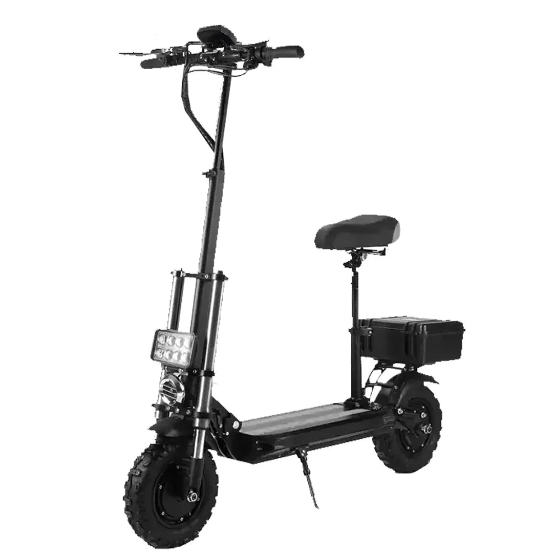 Black electric scooter with a seat on a white background