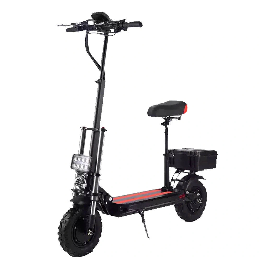 Black electric scooter with a seat on a white background