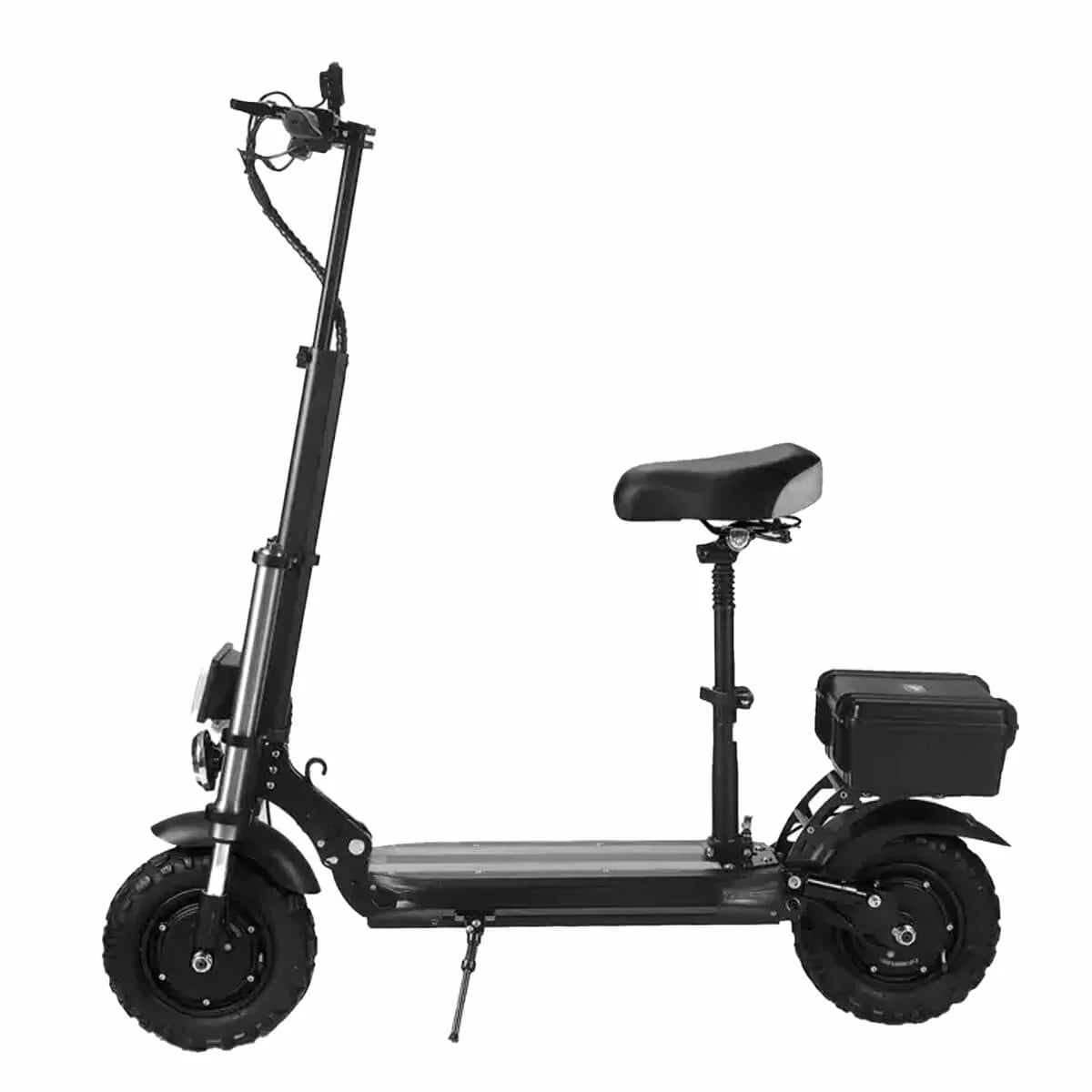 Black electric scooter with a seat on a white background