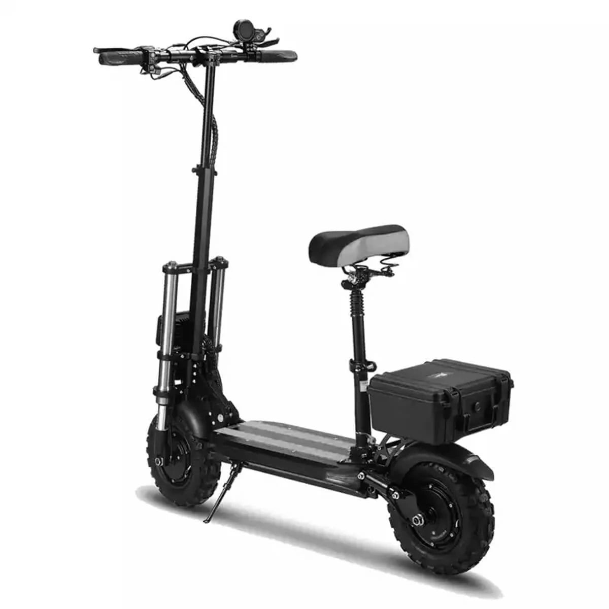 Black electric scooter with a seat on a white background