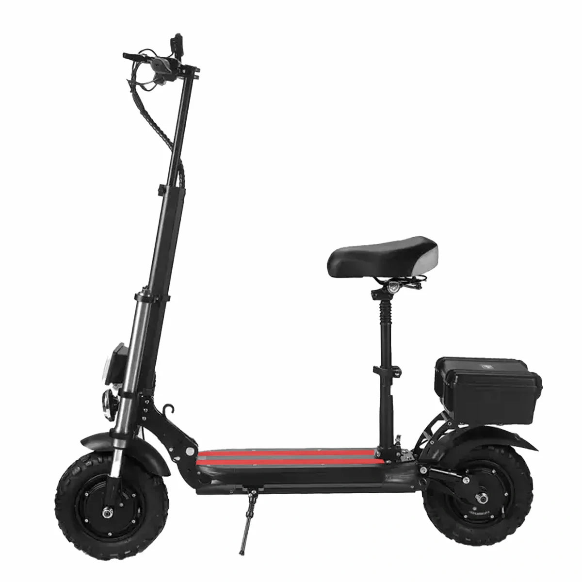 Black electric scooter with a seat on a white background