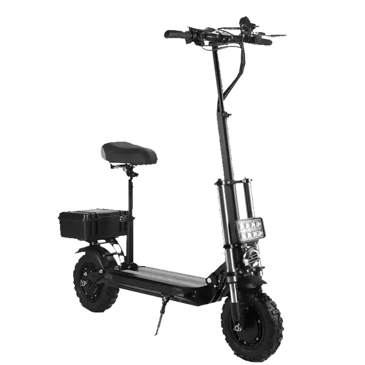 Black electric scooter with a seat on a white background