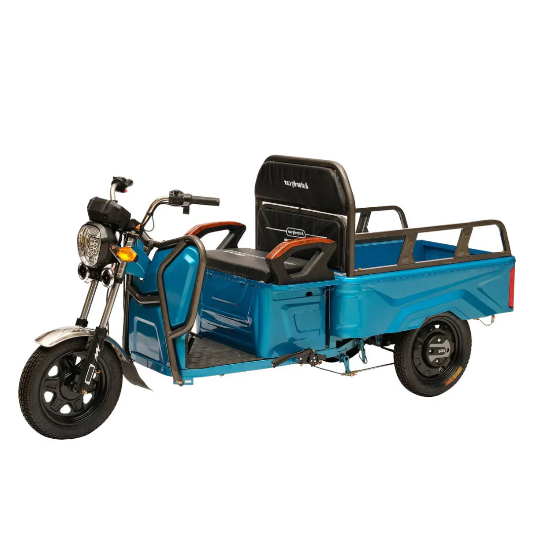 Blue three-wheeled motorcycle with a cargo bed on a white background