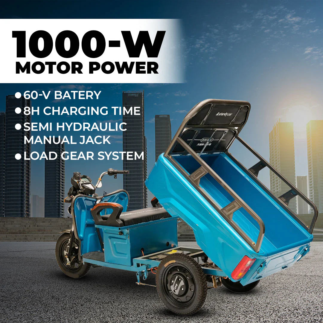 Blue cargo bike with features listed on a cityscape background