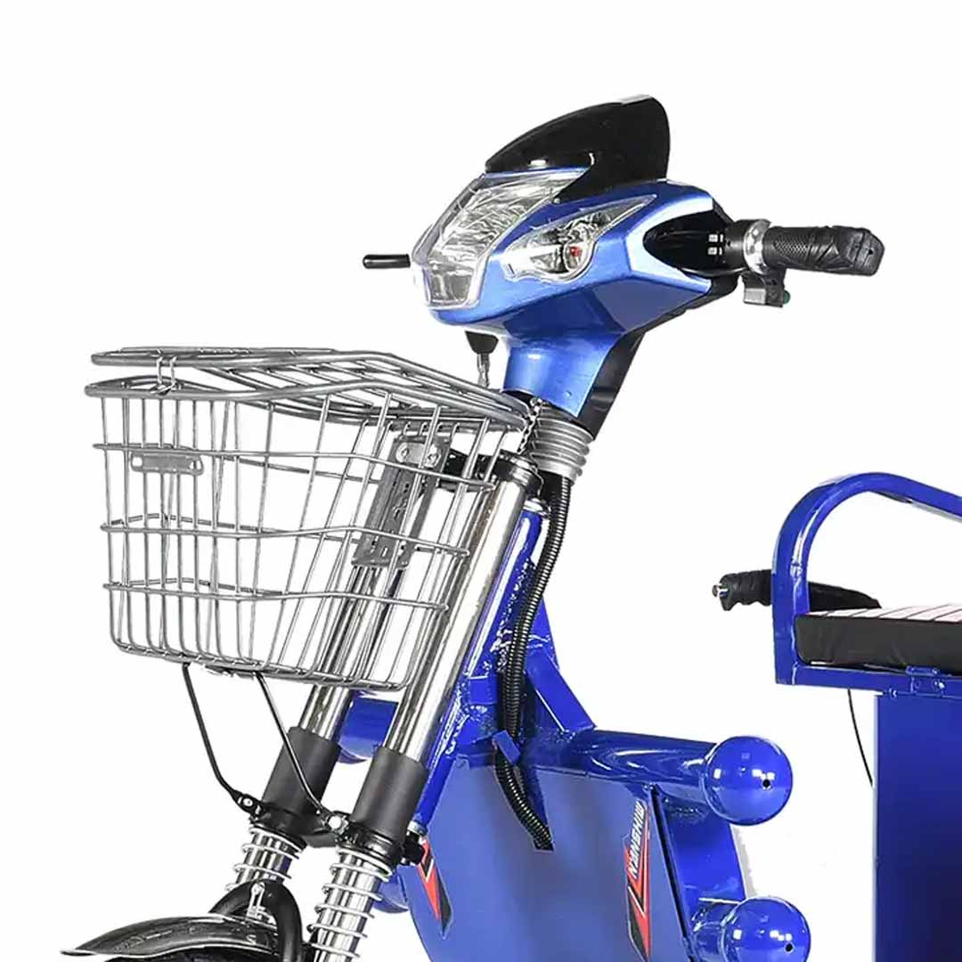 Blue electric scooter with a basket on a white background